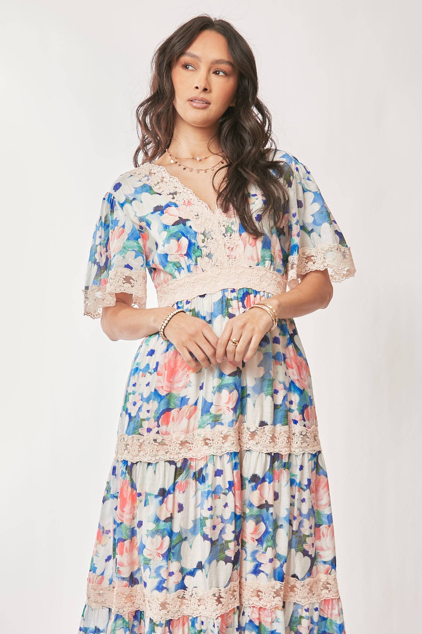 WATER PAINTING FLORAL ZIPPERED MAXI DRESS