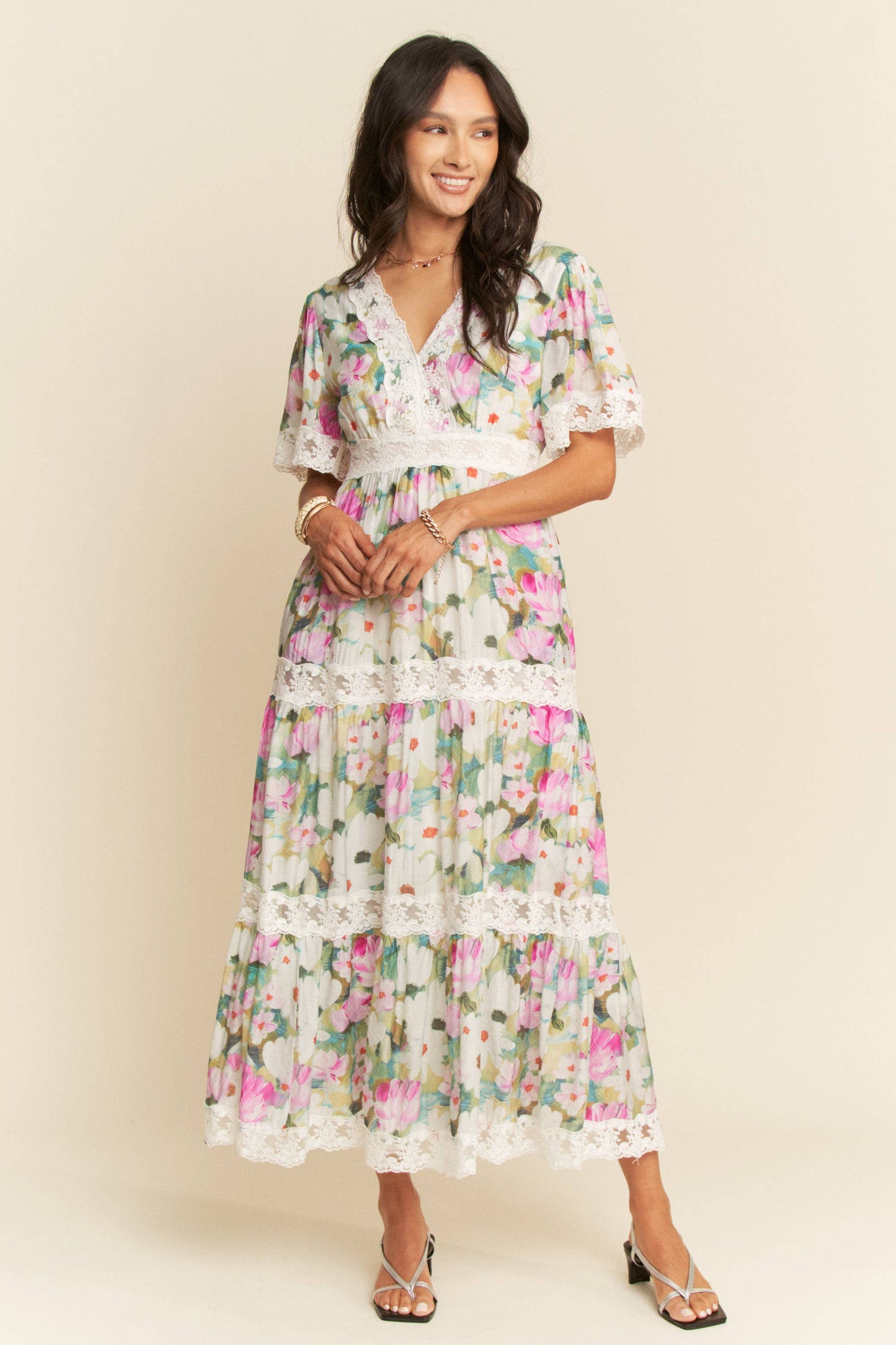 WATER PAINTING FLORAL ZIPPERED MAXI DRESS