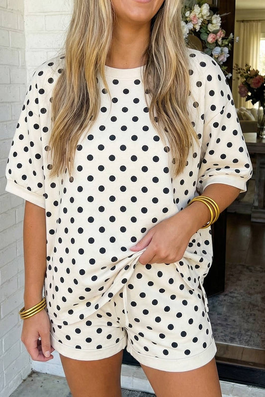 LAS Polka Dot Print Top Drawstring Shorts Set