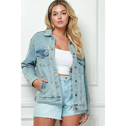 Plus Size Oversize Medium Wash Ripped Denim Jacket
