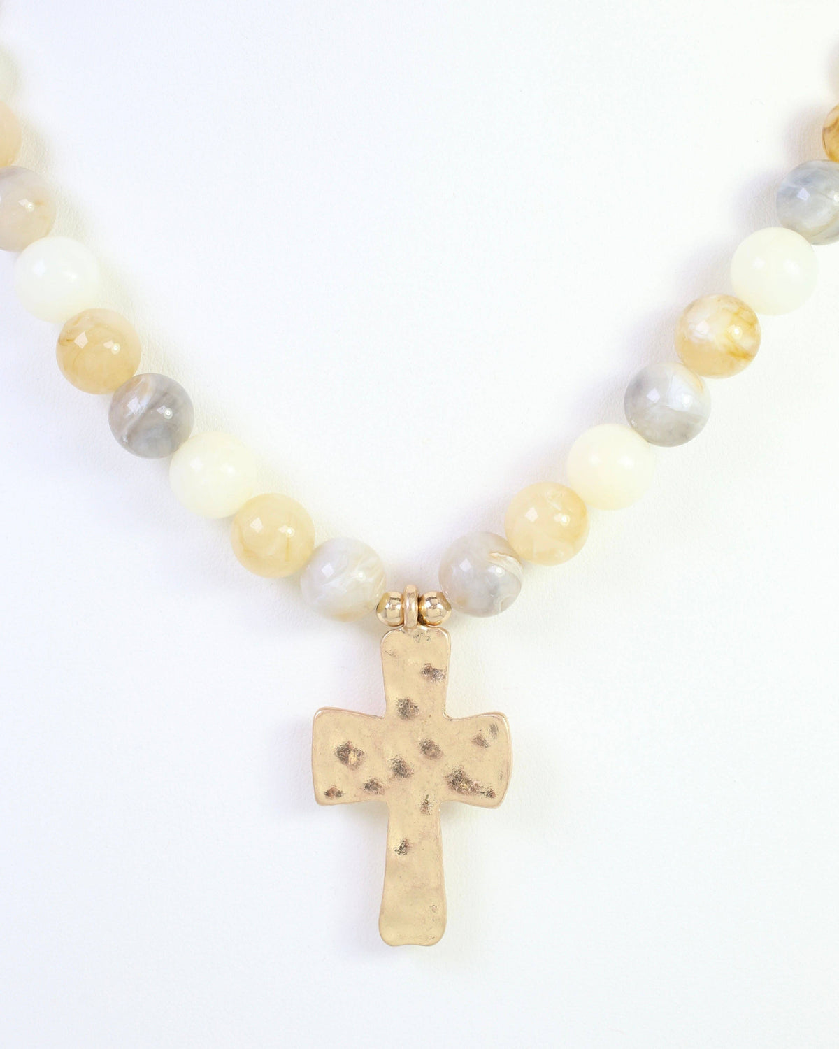 Kathryn Hammered Cross Beaded Necklace Ivory