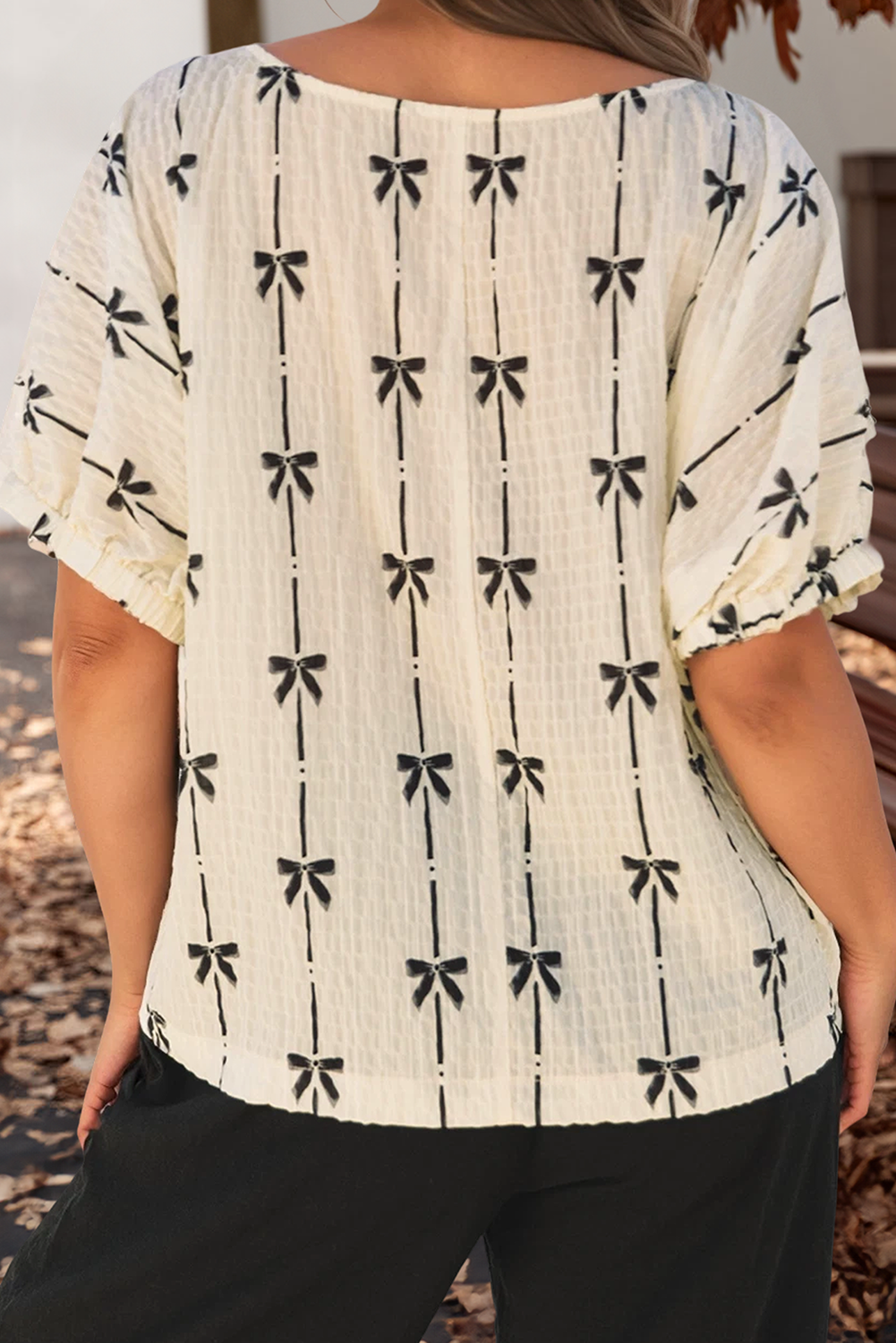 Bow Print Striped Round Neck Puff Short Sleeve Top