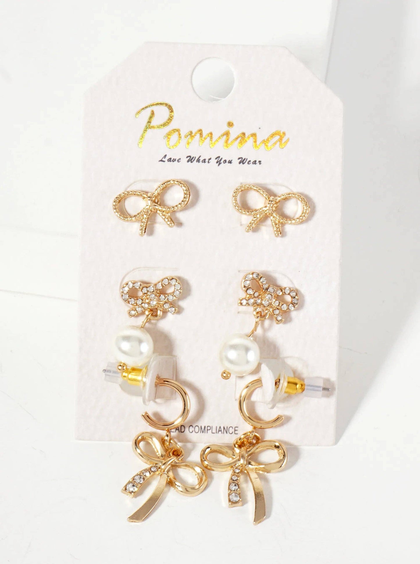 3-Pc-Set Ribbon Bow Stud Earrings