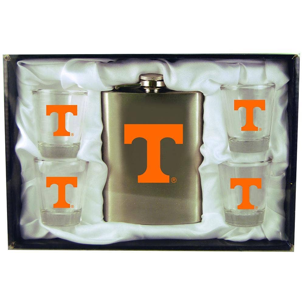 8oz Stainless Steel Flask w/4 Cups, Tennessee Orange