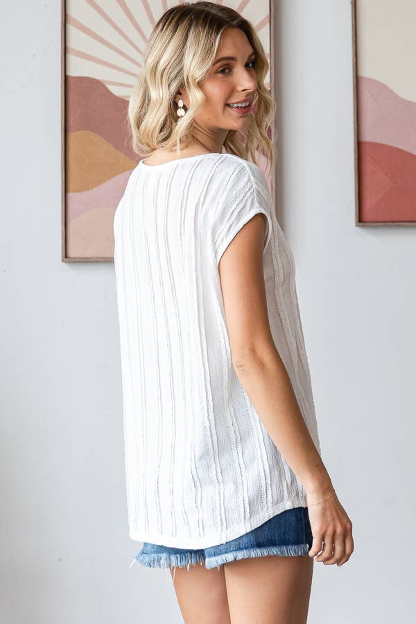 Lightweight Stripe Textured Cap Sleeves Blouse