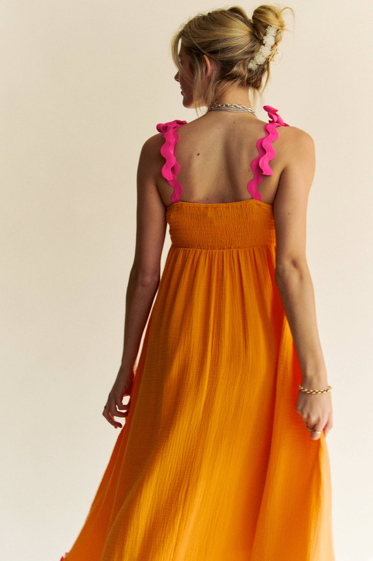 DOUBLE GAUZE TIE WAVY TRIM DETAIL MAXI DRESS
