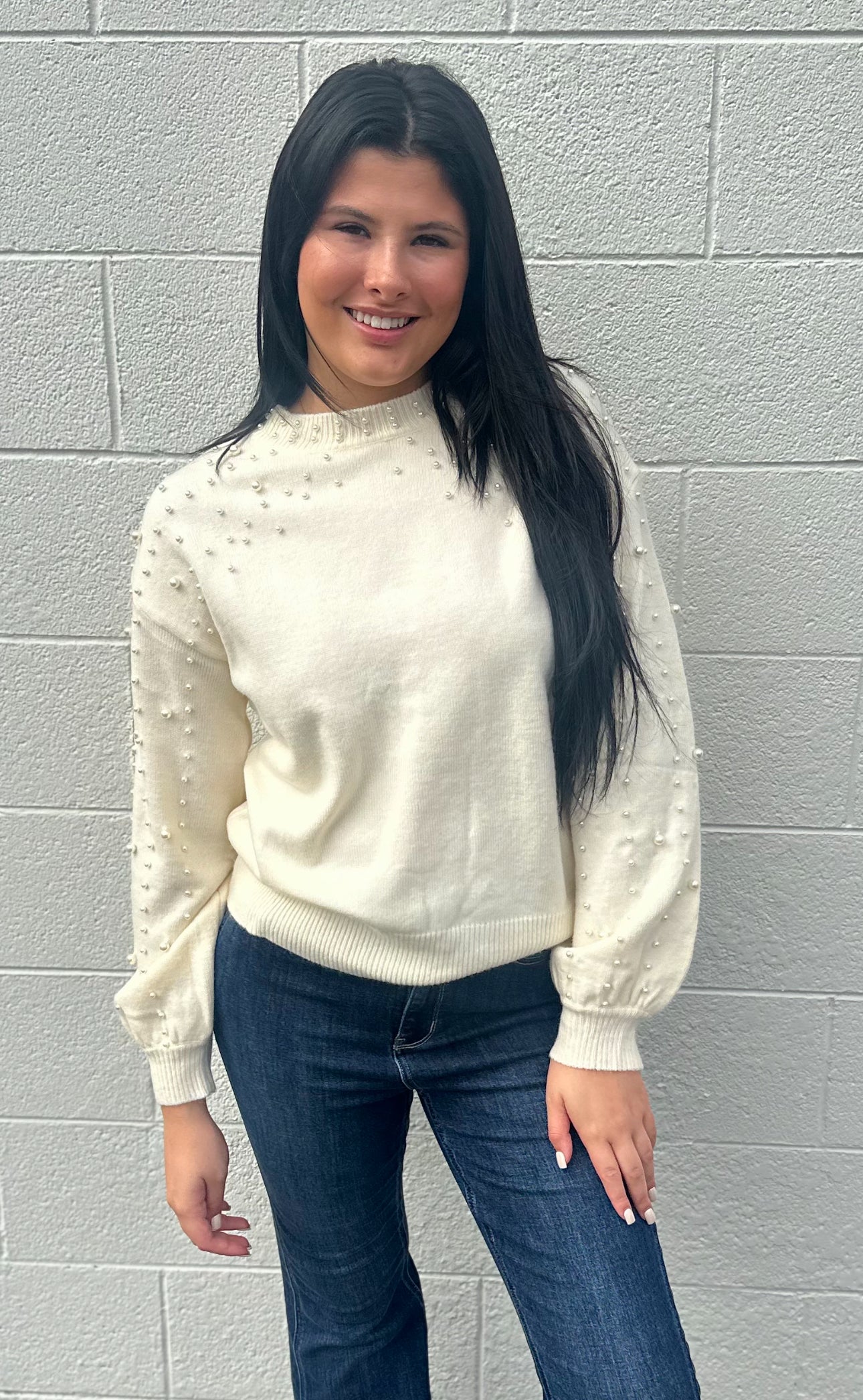 Pearl Studded Lantern Sleeve Sweater