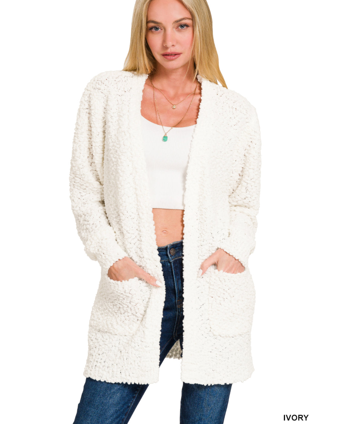 Popcorn Sweater Cardigan with Pockets