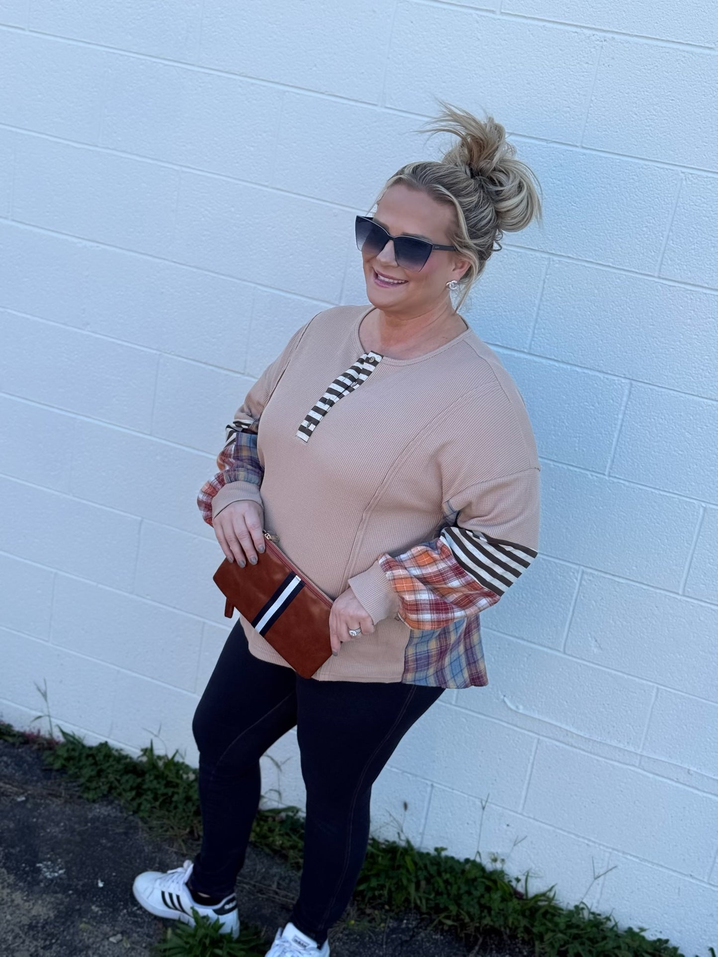 Waffle Stripe Plaid Patchwork Henley Knit Top