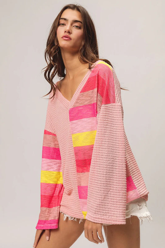POPCORN WAFFLE KNIT WITH MULTI STRIPE BLOCK TOP