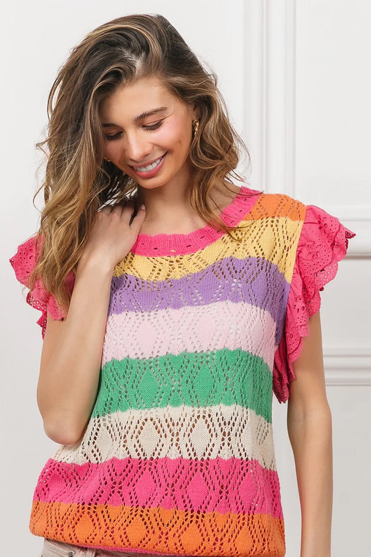 Pointelle Multi Color Color Striped Knit Top