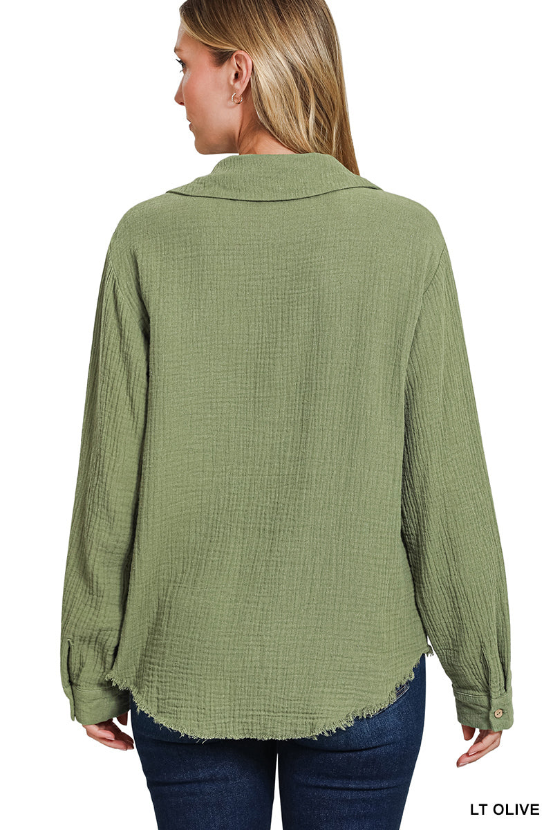 DOUBLE GAUZE BUTTON DOWN ROLL-UP LONG SLEEVE SHIRT