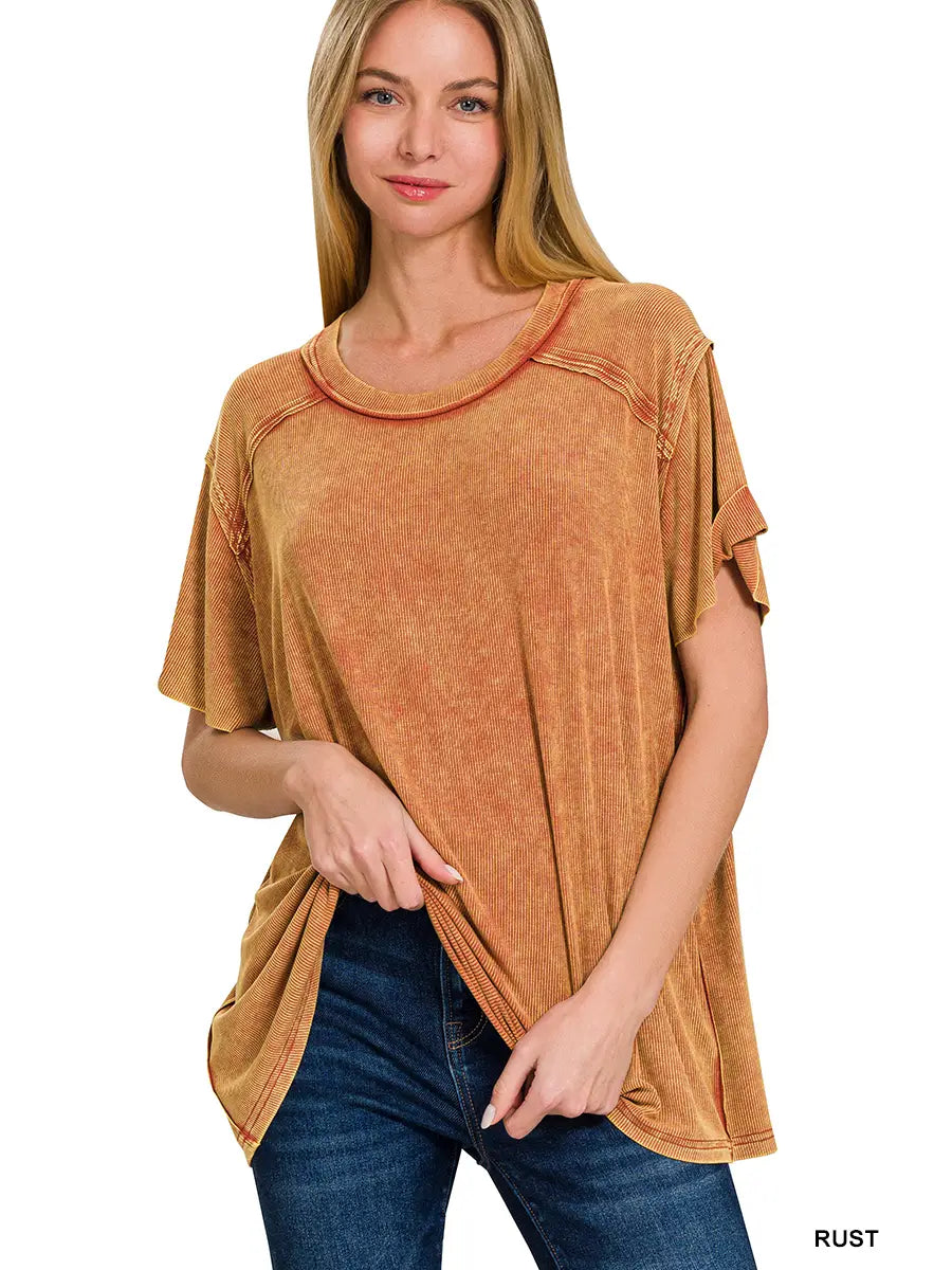 ACID WASHED RIBBED SHORT SLEEVE BOAT NECK TOP