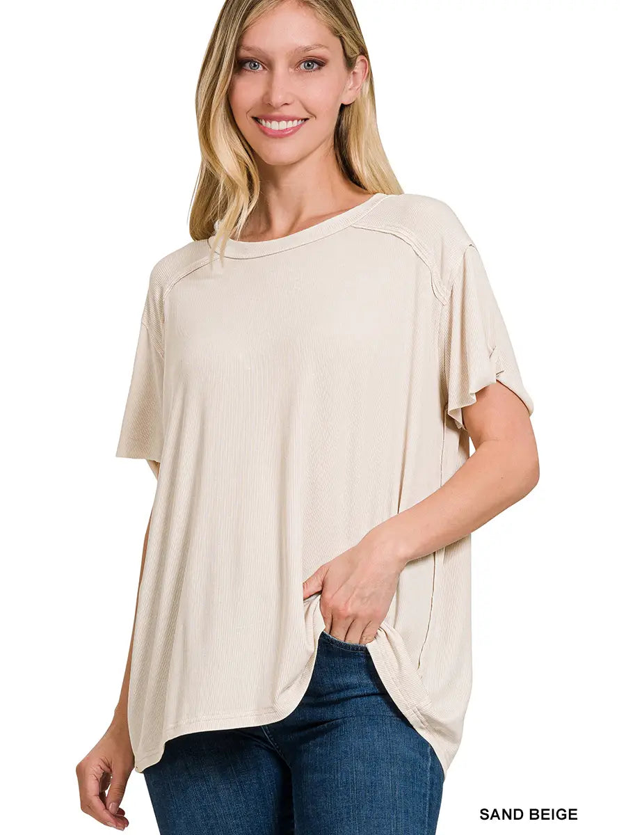 ACID WASHED RIBBED SHORT SLEEVE BOAT NECK TOP