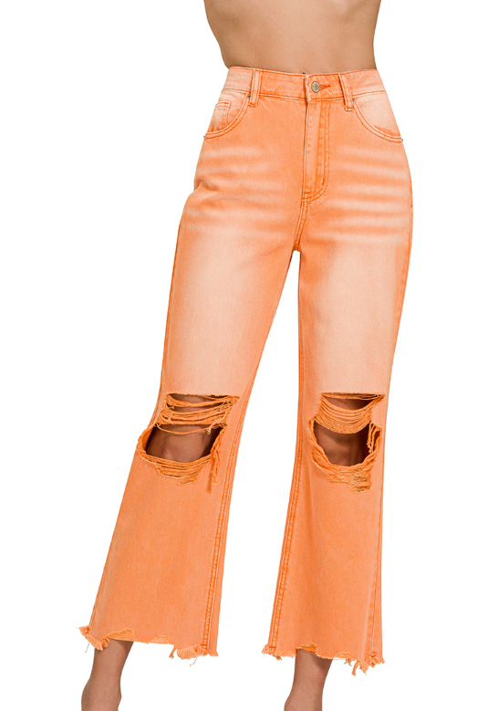 Washed distressed knee and hem cropped pants