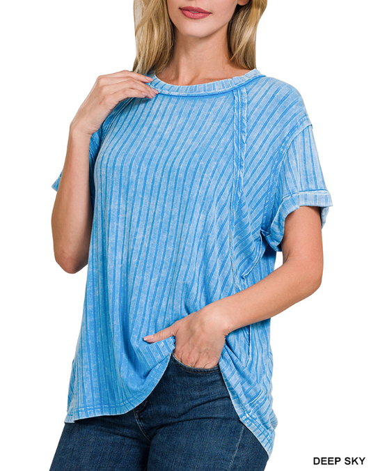 ACID WASHED RIBBED SHORT SLEEVE BOAT-NECK TOP