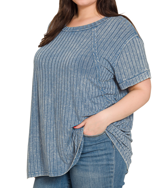 Plus acid washed ribbed short sleeve boat-neck top