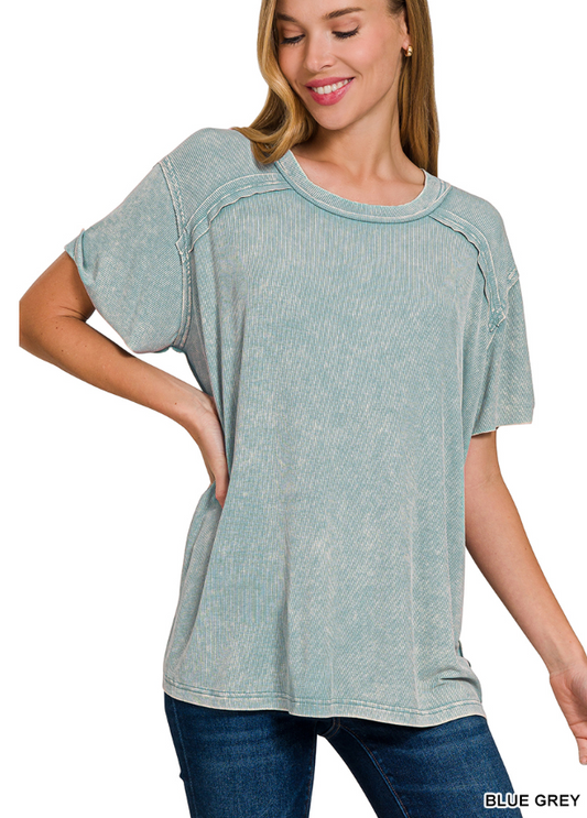 ACID WASHED RIBBED SHORT SLEEVE BOAT NECK TOP