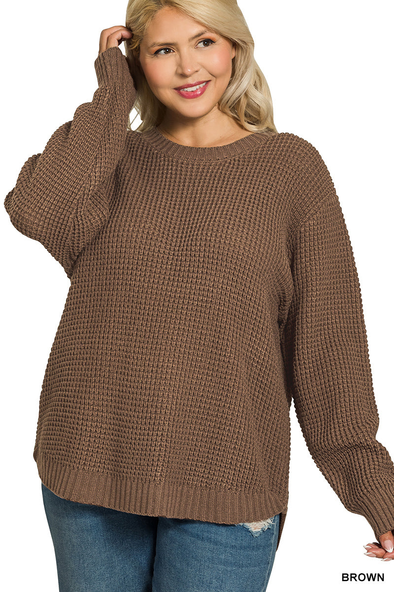 Hi-Low Long Sleeve Round Neck Waffle Sweater