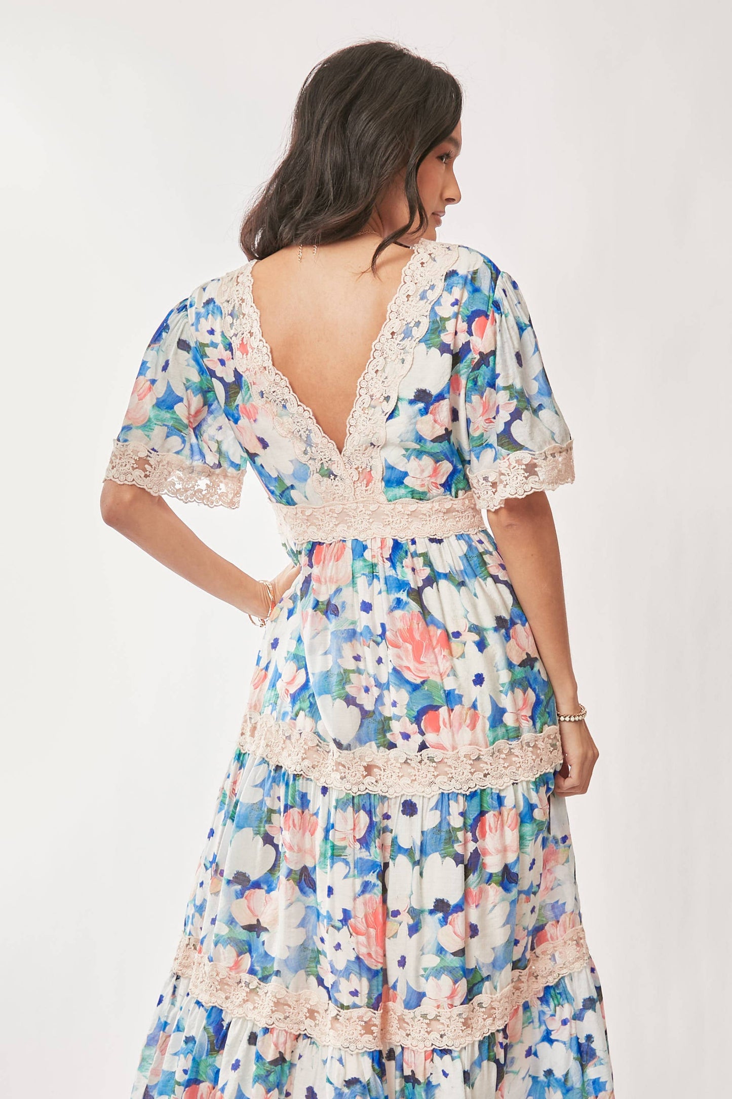 WATER PAINTING FLORAL ZIPPERED MAXI DRESS
