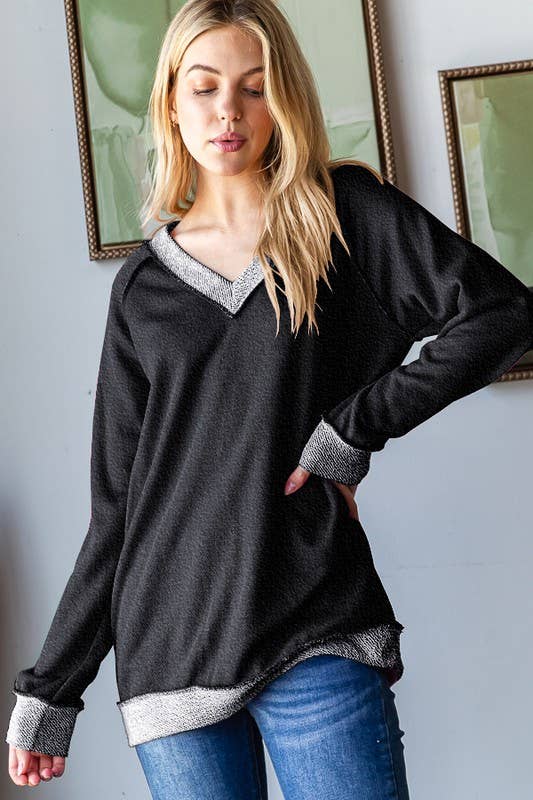 LONG PUFF SLEEVE SOLID REVERSE CONTRAST TOP