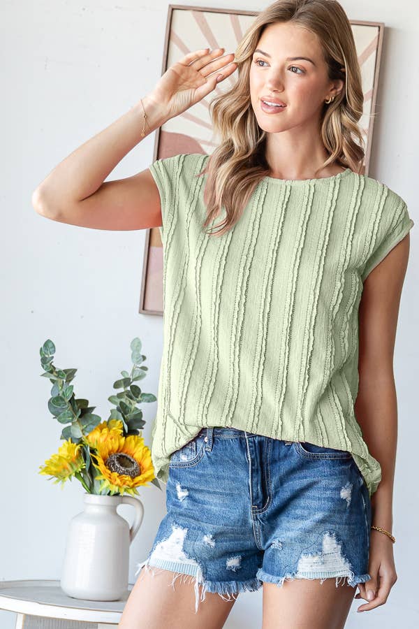 Lightweight Stripe Textured Cap Sleeves Blouse