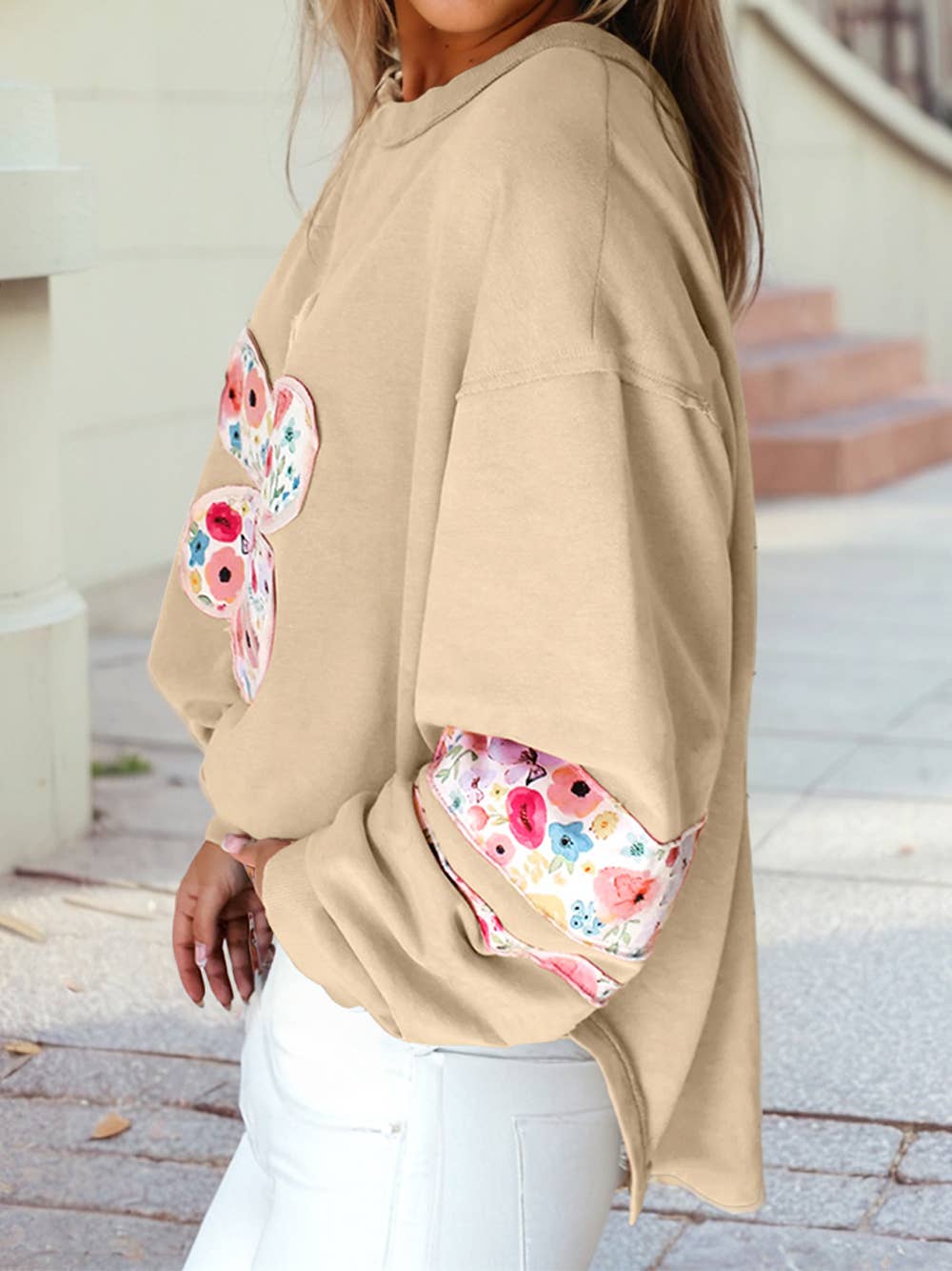 Flower Patchwork Drop Sleeve Pullover Sweatshirt |