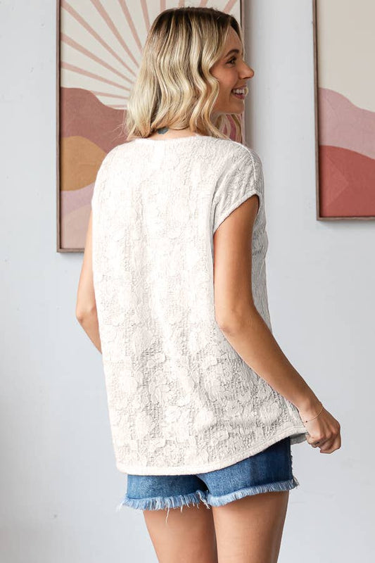 Allover Floral Semi-Sheer Lace Short Sleeve Top