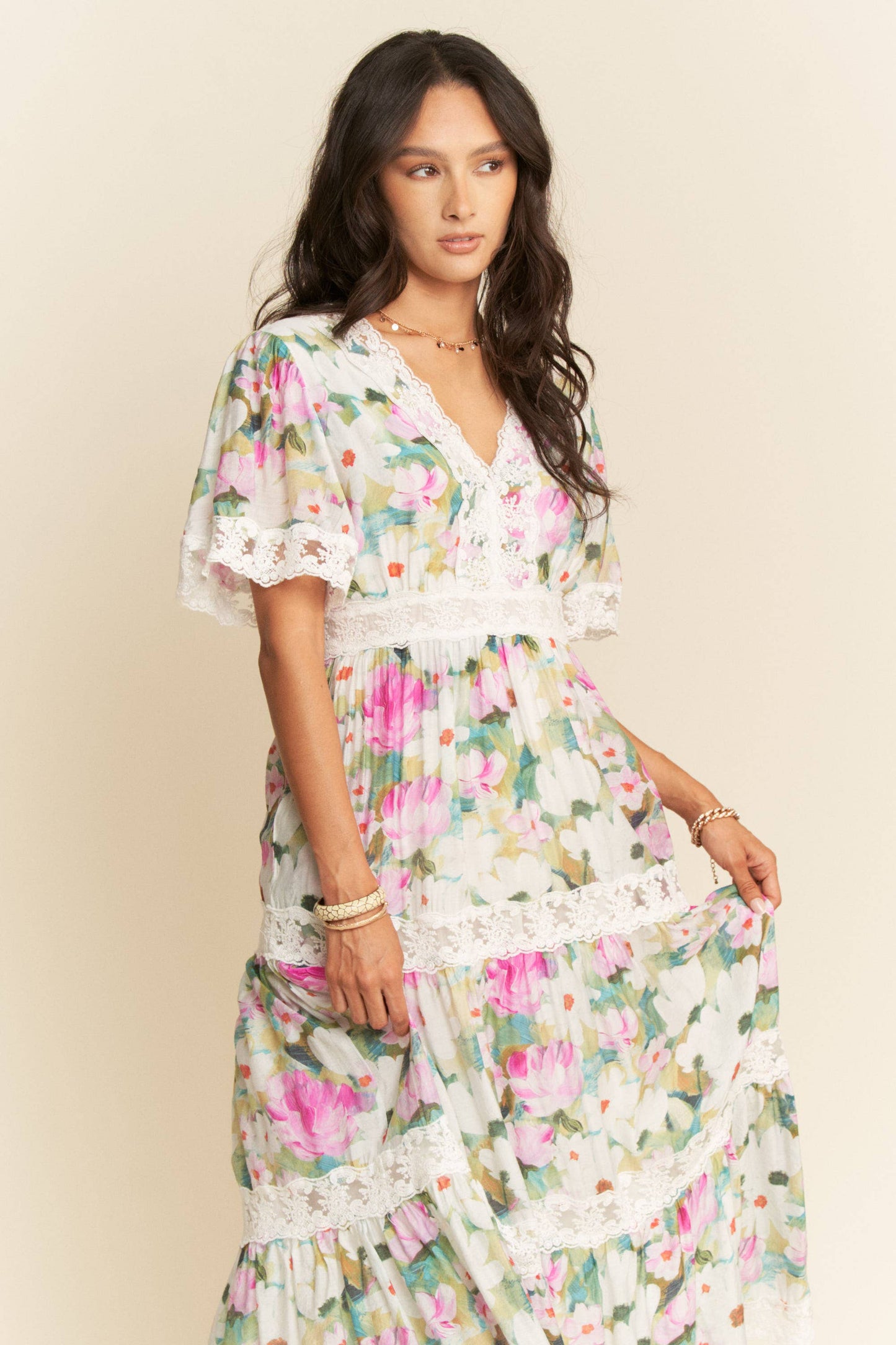 WATER PAINTING FLORAL ZIPPERED MAXI DRESS