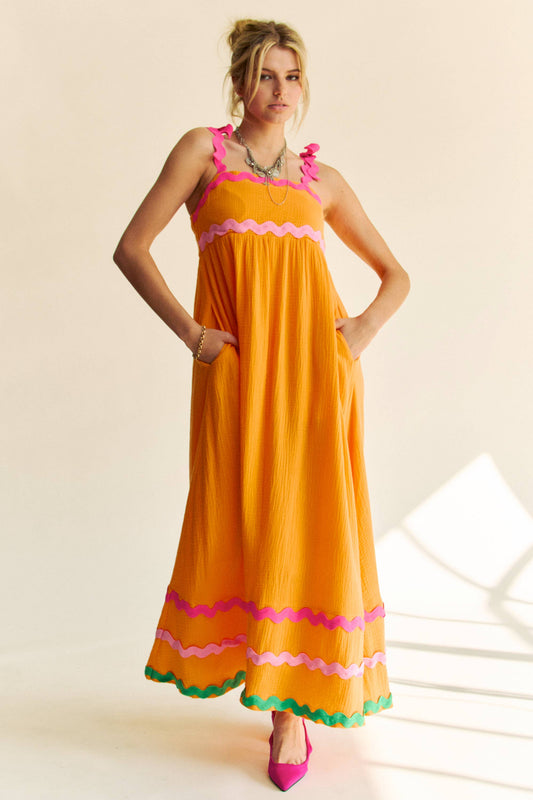 DOUBLE GAUZE TIE WAVY TRIM DETAIL MAXI DRESS