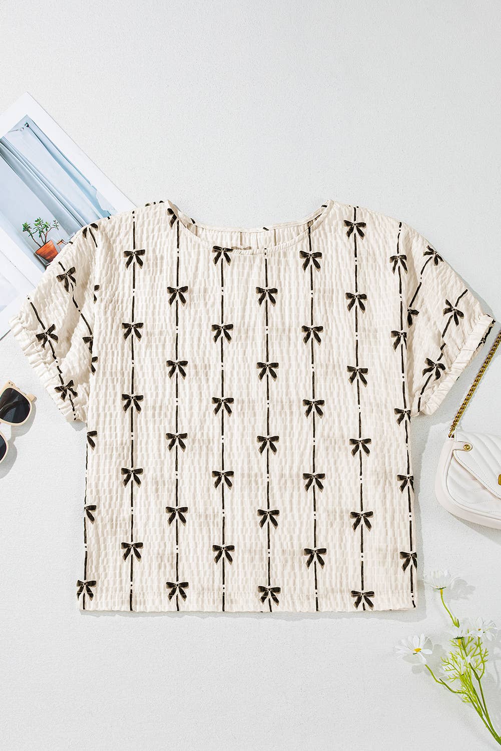 Bow Print Striped Round Neck Puff Short Sleeve Top