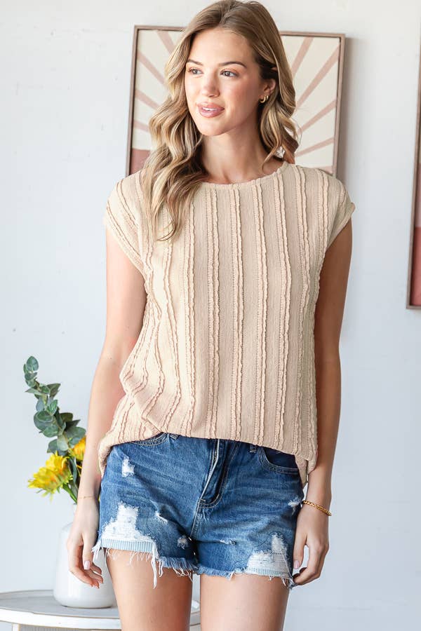 Lightweight Stripe Textured Cap Sleeves Blouse