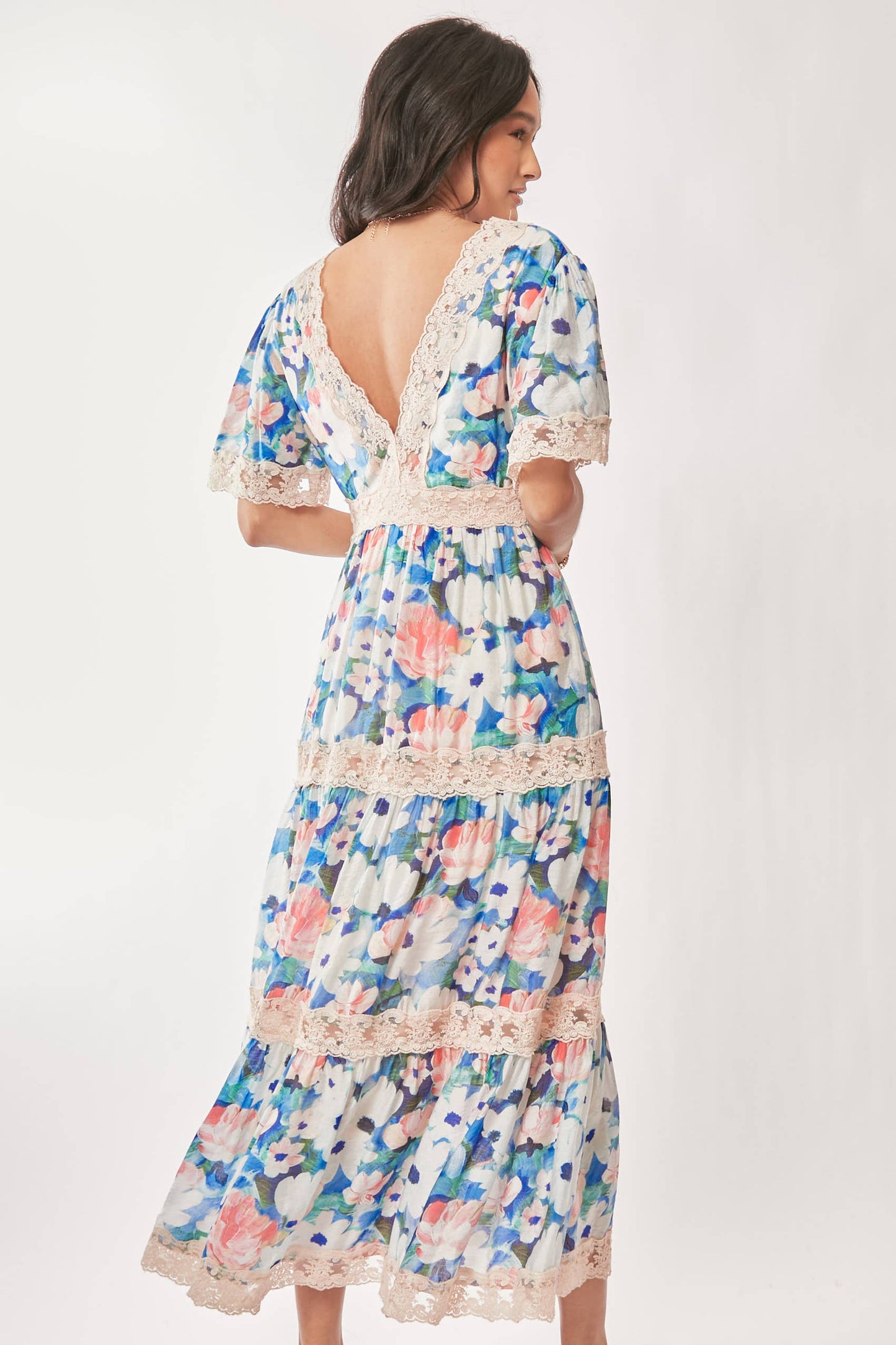 WATER PAINTING FLORAL ZIPPERED MAXI DRESS