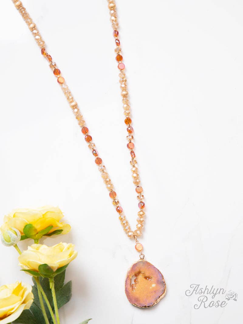 Glittering Geode Beaded Necklace with Stone Pendant, Champagne