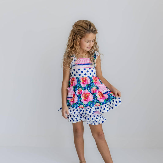 Kids Pink Floral & Navy Polka Dot Pocket Ruffle Short Set