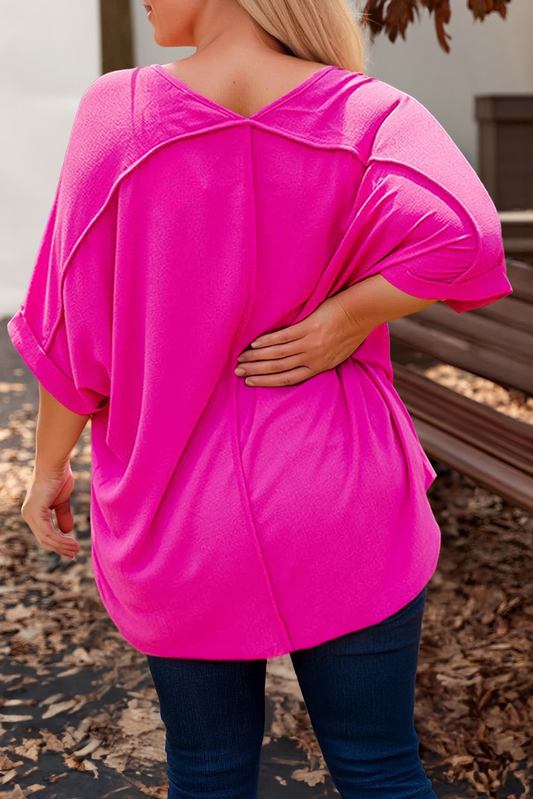 Plus Size Seamed Back High Low Hem V Neck Cuffed Sleeve Tee