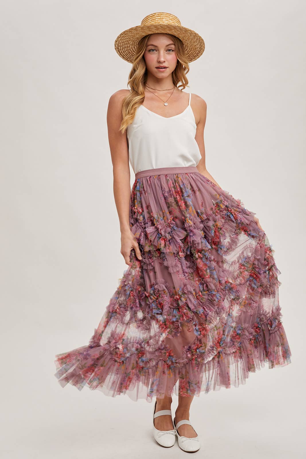 FLORAL RUFFLED MESH MIDI SKIRT