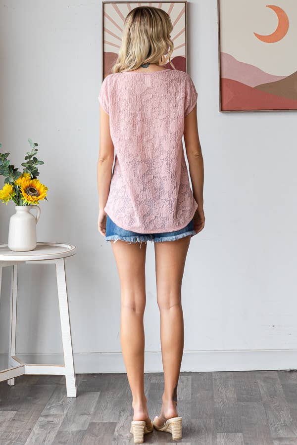 Allover Floral Semi-Sheer Lace Short Sleeve Top