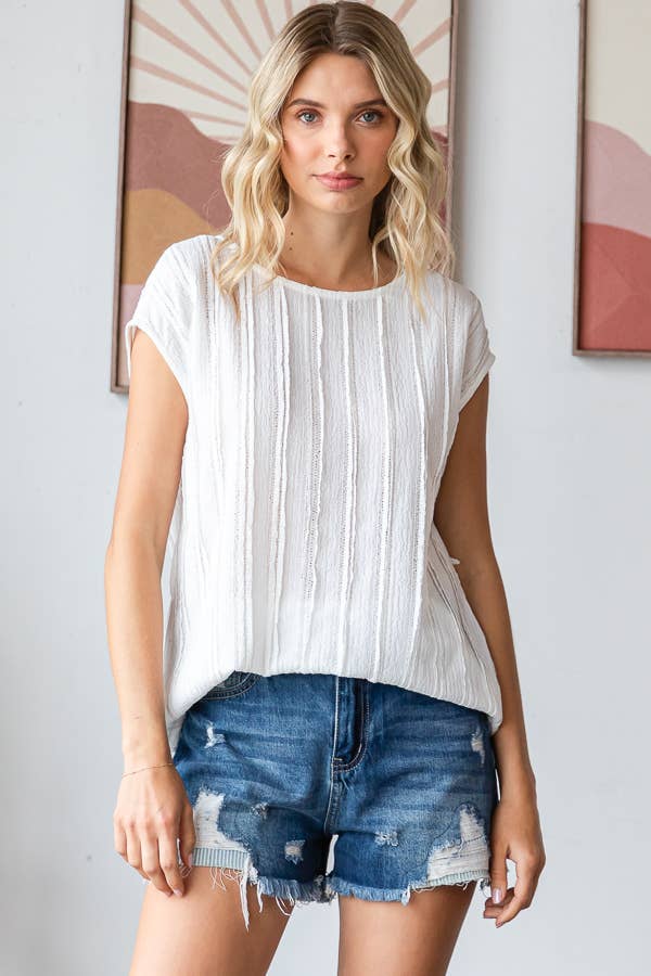 Lightweight Stripe Textured Cap Sleeves Blouse