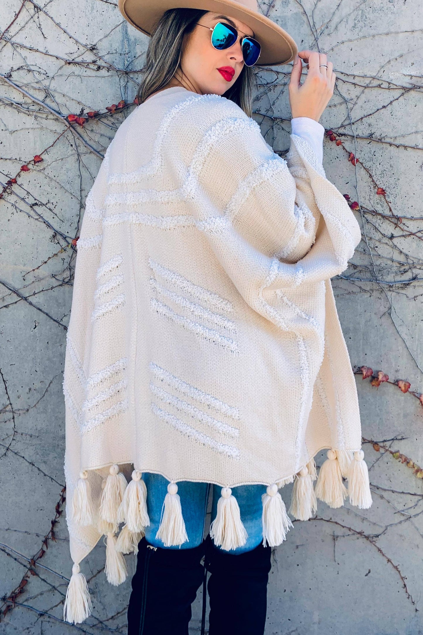 Cream Textured Pattern With Chunky Tassel Cardigan