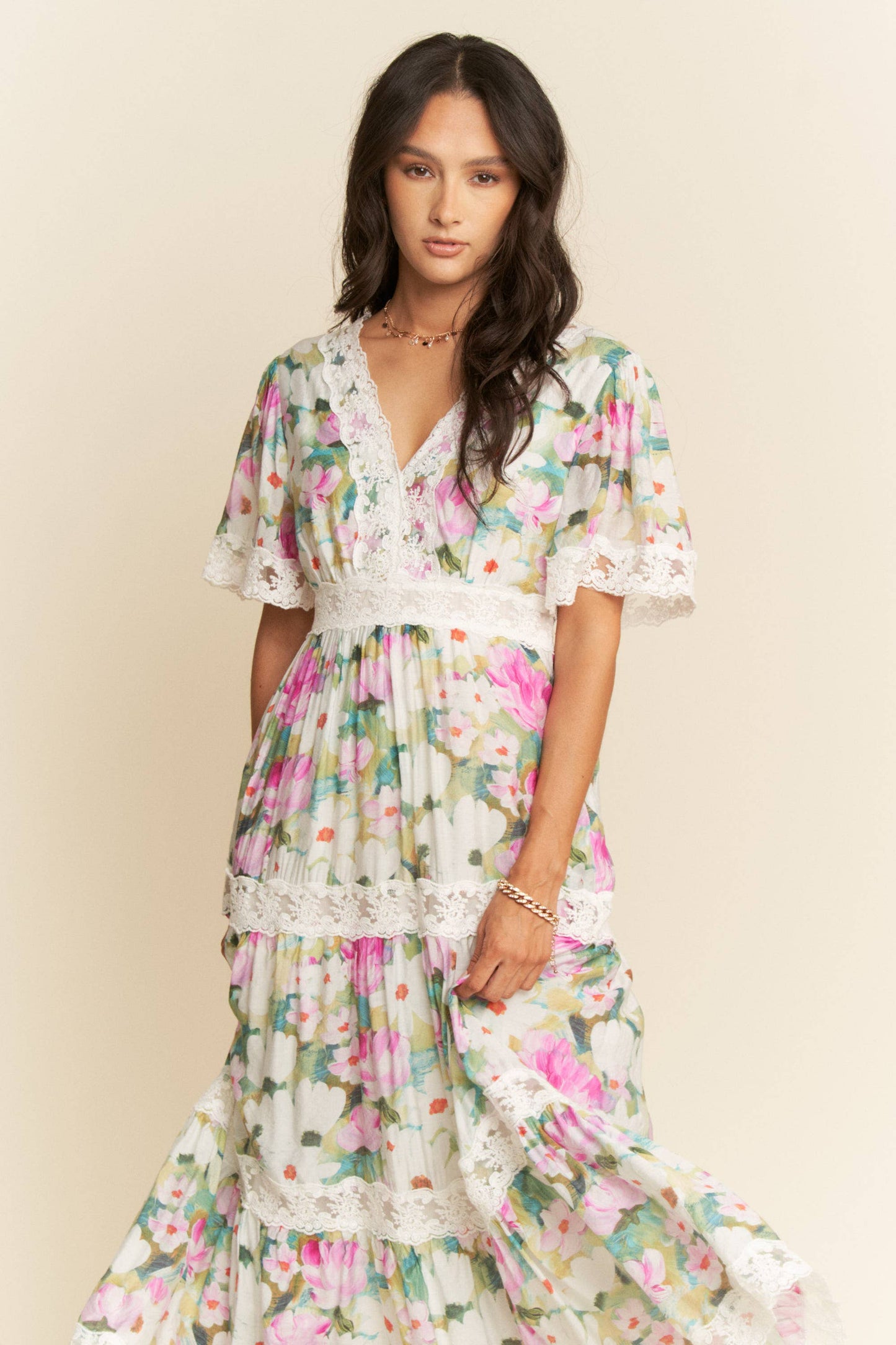 WATER PAINTING FLORAL ZIPPERED MAXI DRESS