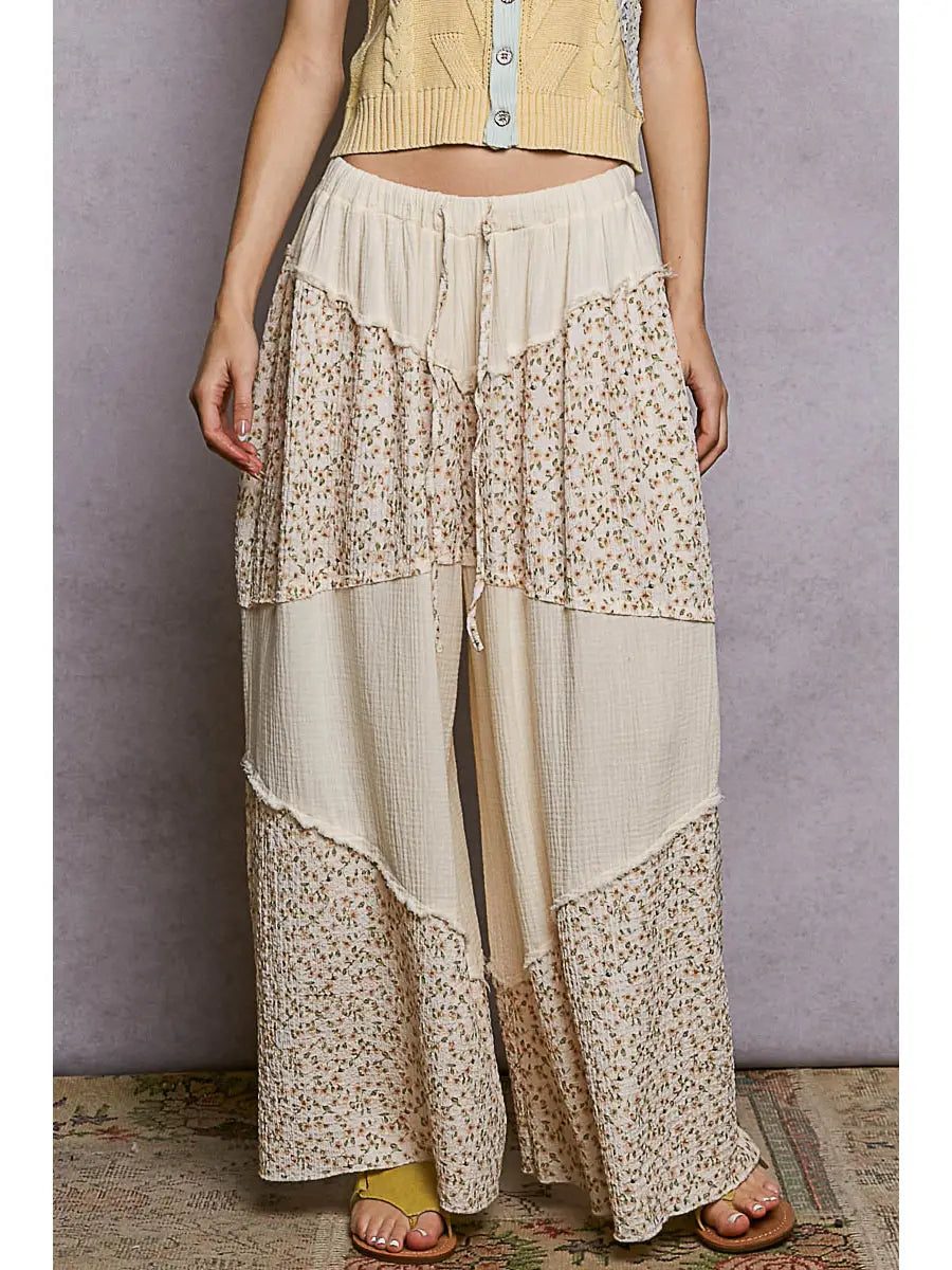 Contrast Floral Double Gauze Woven Pants