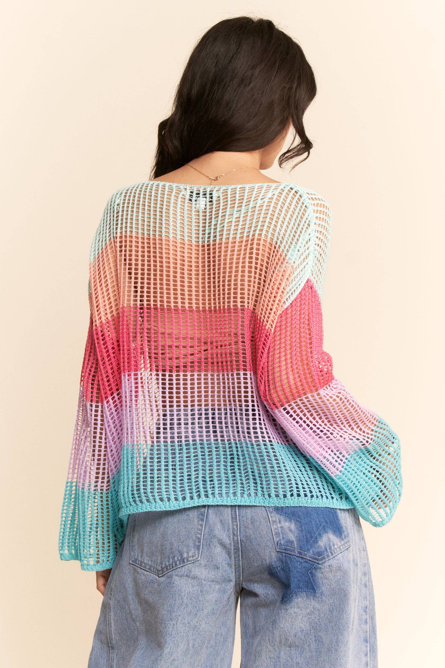 STRIPED WIDE OPENING SLEEVE PULLOVER COVER UP TOP