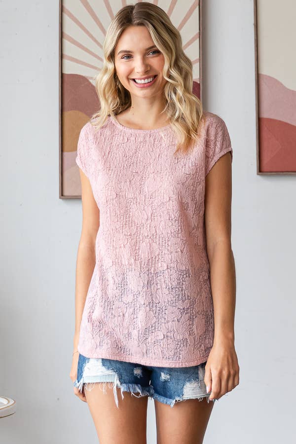 Allover Floral Semi-Sheer Lace Short Sleeve Top