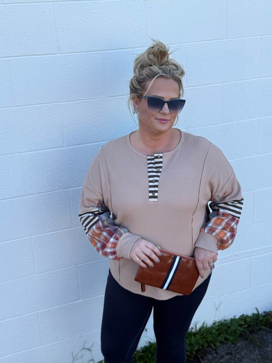 Waffle Stripe Plaid Patchwork Henley Knit Top