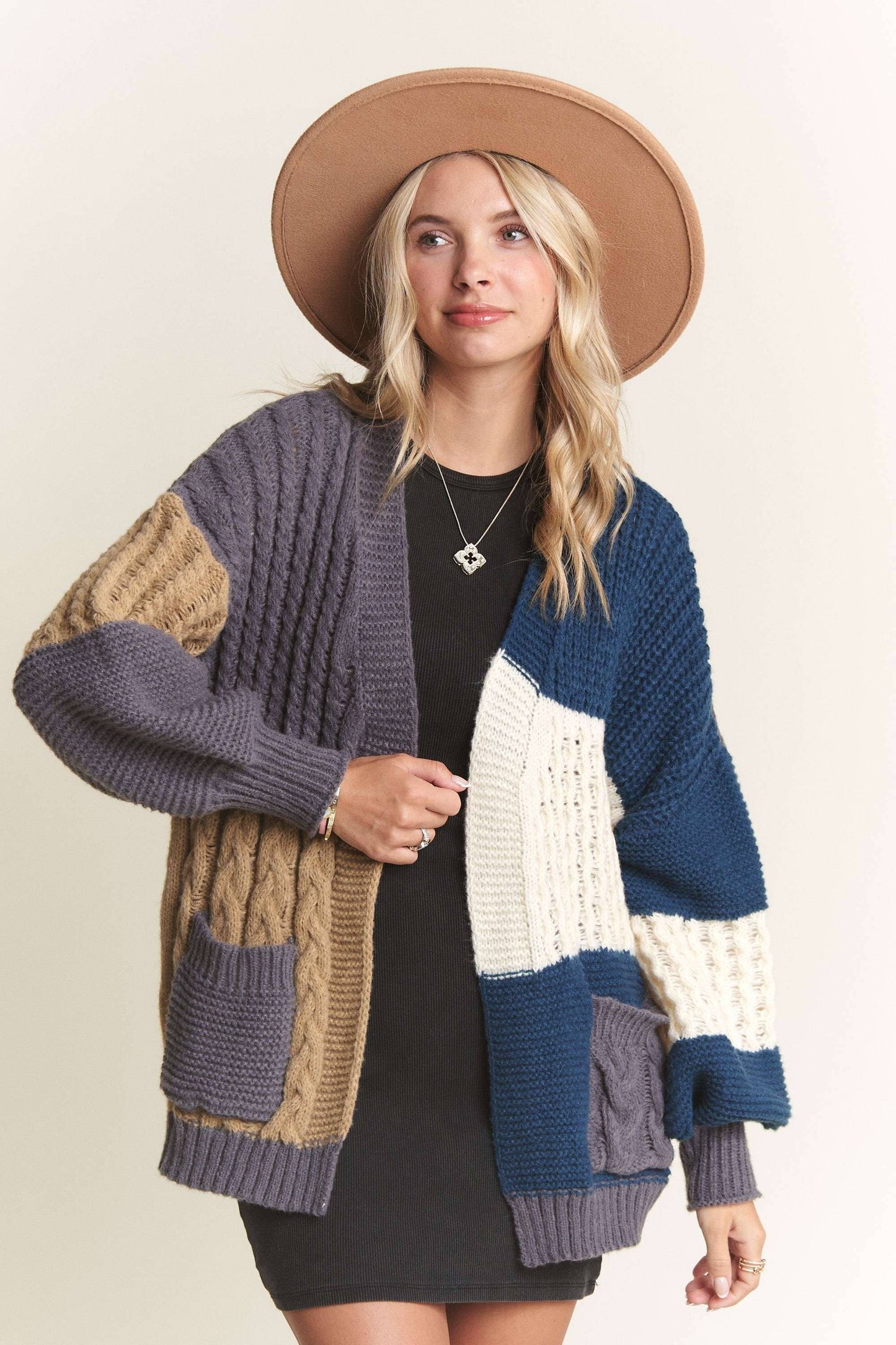 Puff Sleeves Colorblock Sweater Cardigan