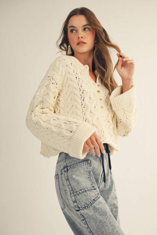Soft Twisted Ribbed Half Buttons Down Sweater