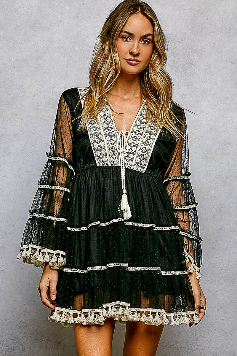Split Embroidery Tassel Detail V-Neck Flared Short Dress