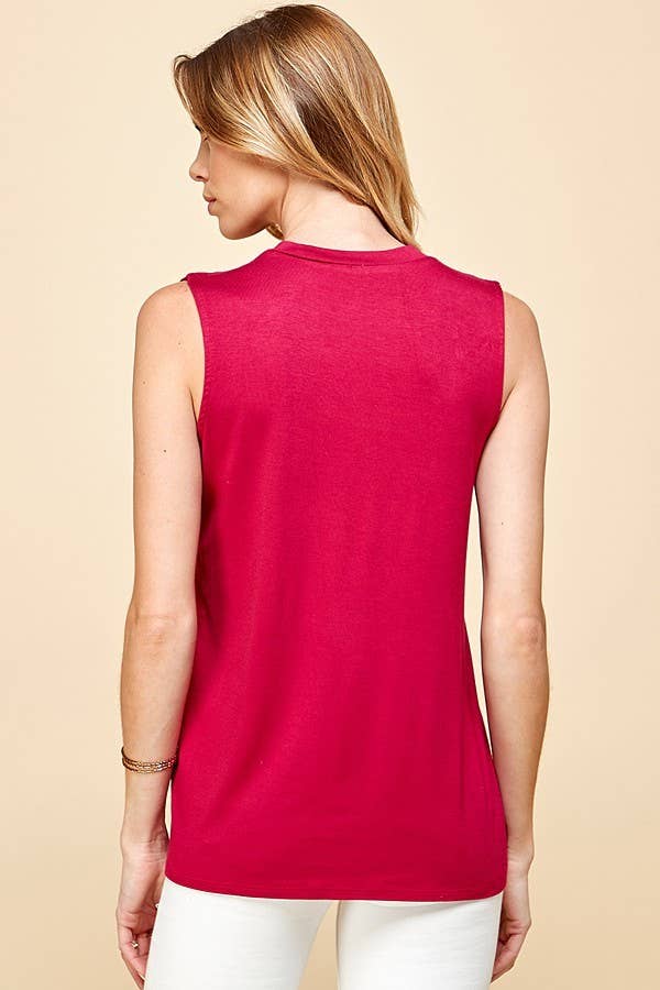 Women's Solid Sleeveless Top with Strands Cut Out, Ruby