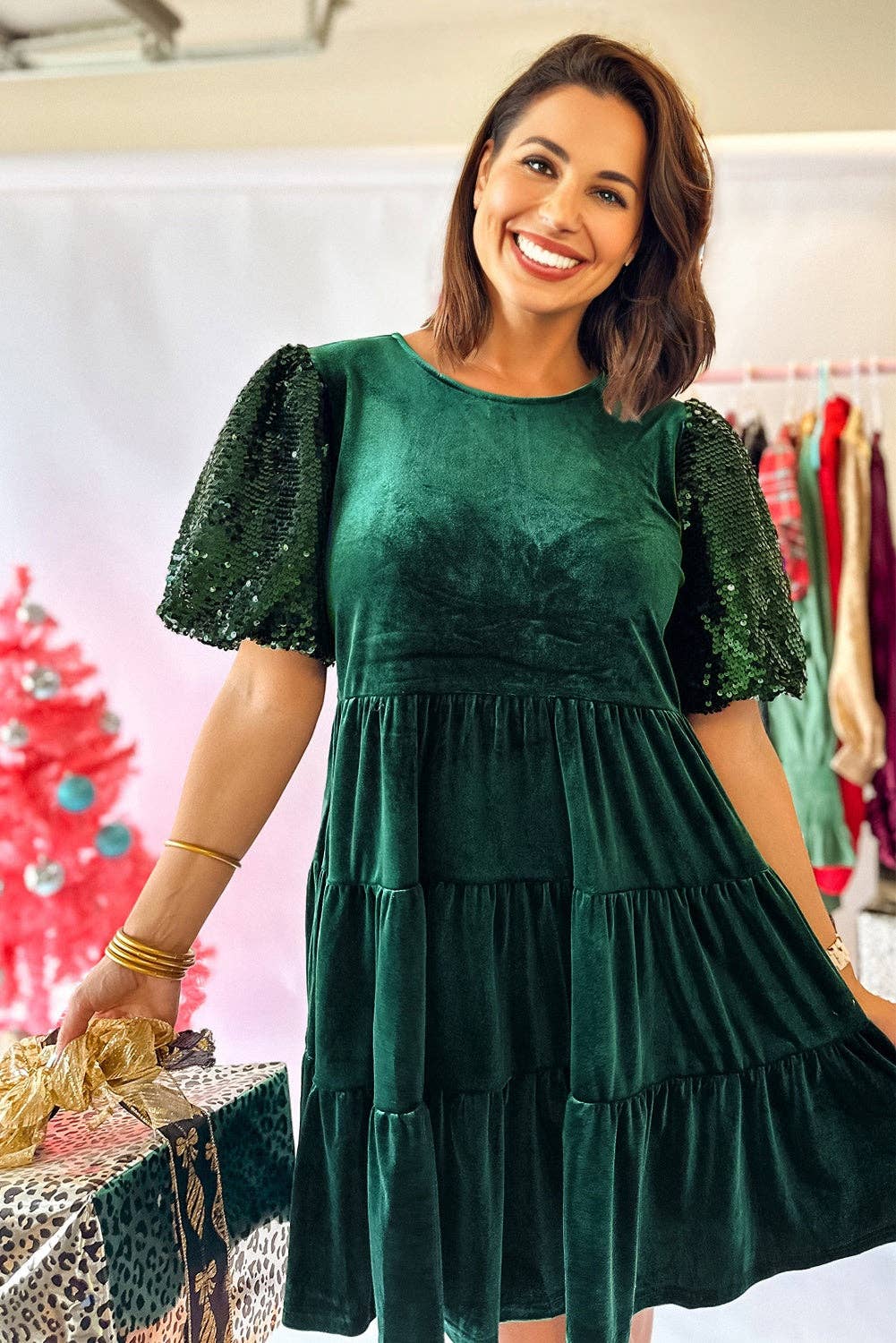 Evergreen Sequin Puff Sleeve High Waist Tiered Velvet Mini Dress